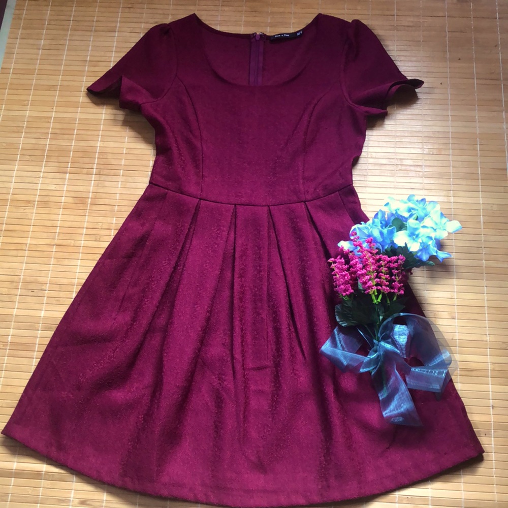 Burgundy brocade fit and flare dress